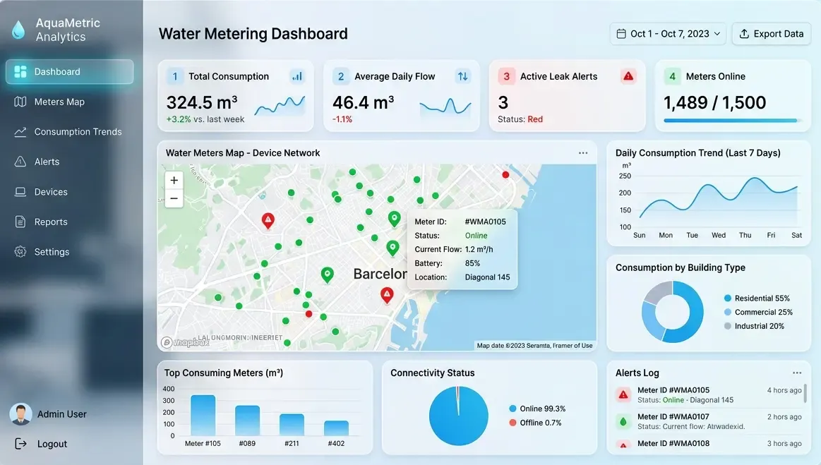 Panel de control con gráficas de consumo de agua y estado de los contadores